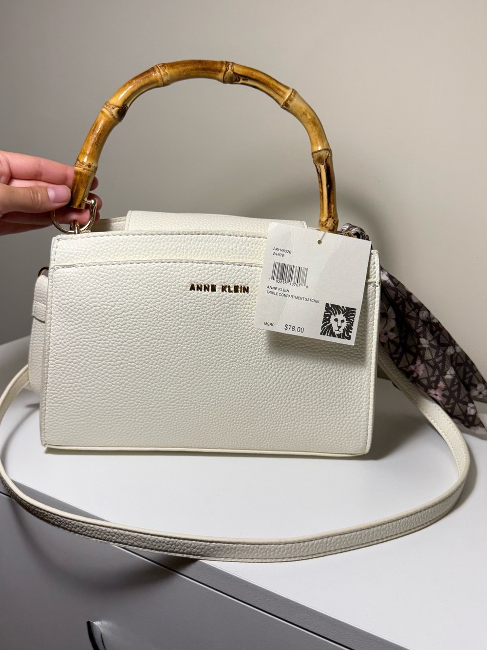 Anne Klein White Pebbled Leather Satchel with Bamboo Top Handle